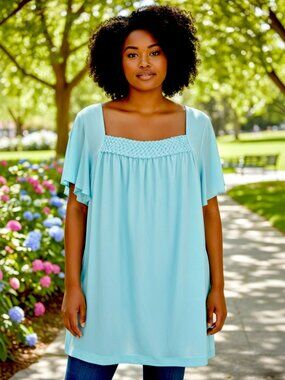 AB Studio Aqua Blue Square Neckline Short Flutter Sleeve Tunic Size 2X NWD